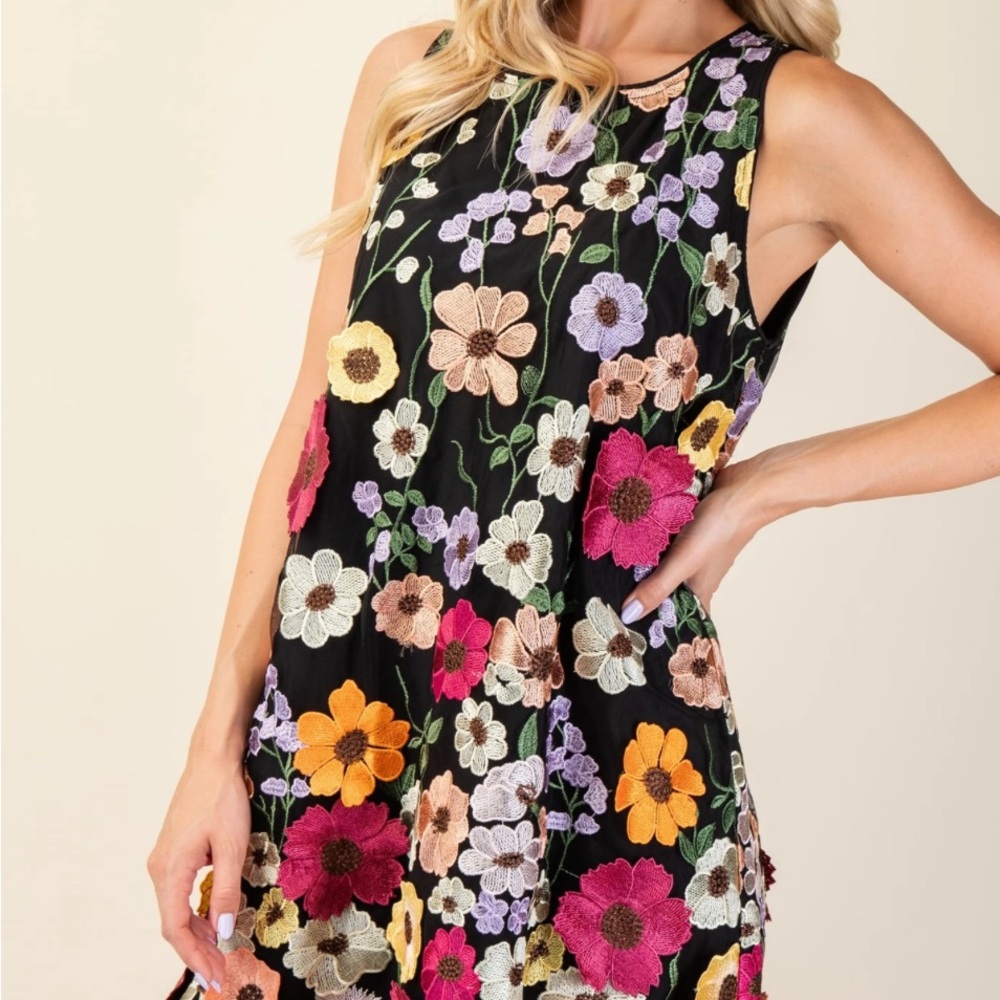 Floral Sleeveless Dress - Black with Multicolor Embroidery